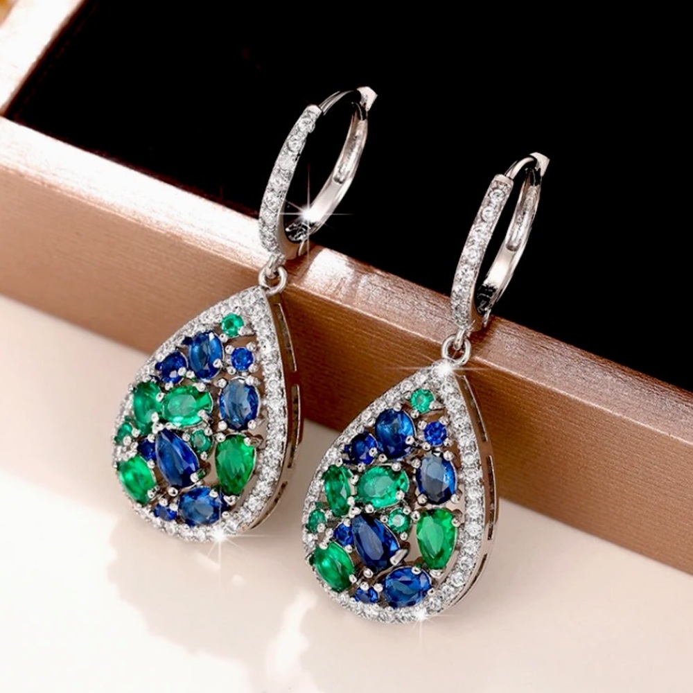 💫 Colorful Drop Earrings with Blue Green Cubic Zirconia